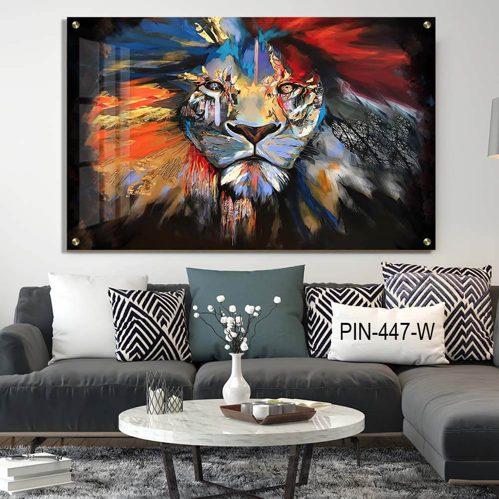 תמונת זכוכית לסלון או לחדר שינה של ראש אריה צבעוני