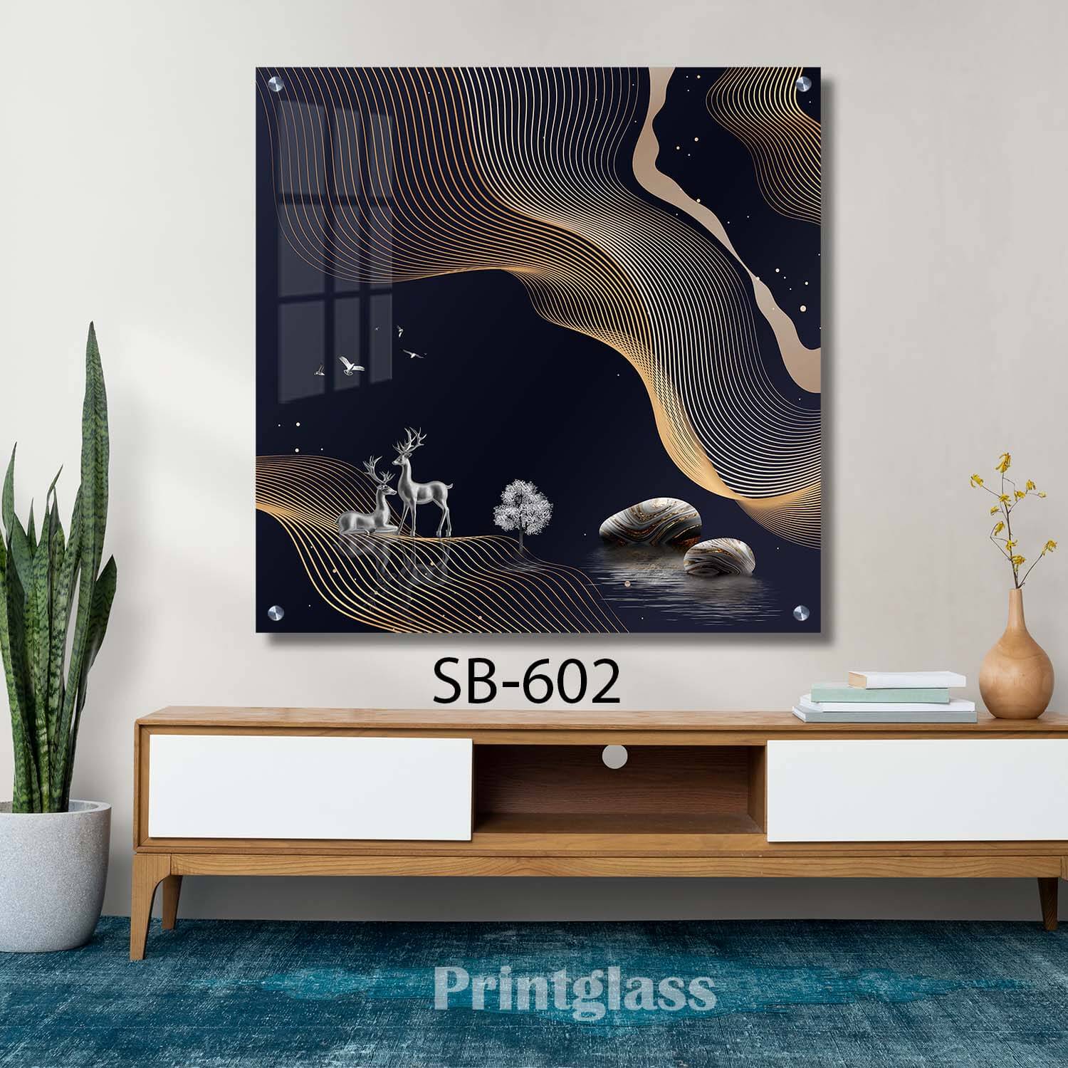 תמונת זכוכית מרובעת של איילים כסף שחור לסלון