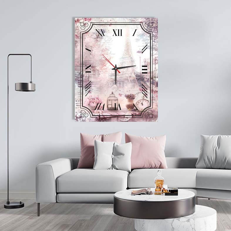 שעון קיר יוקרתי למטבח מזכוכית ברקע אבסטרקט ורוד