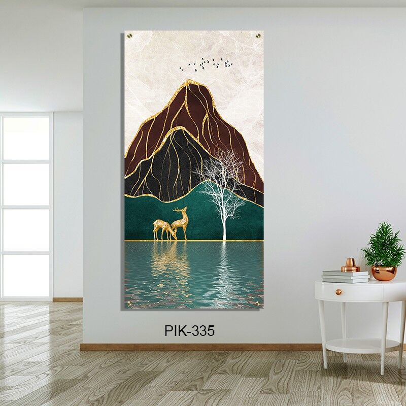 תמונת זכוכית לסלון של איילים מזהב בנוף הרים