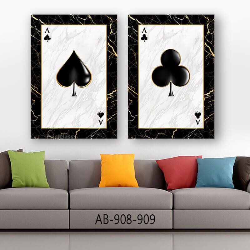 זוג תמונות על זכוכית לסלון של קלף אס שחור לבן