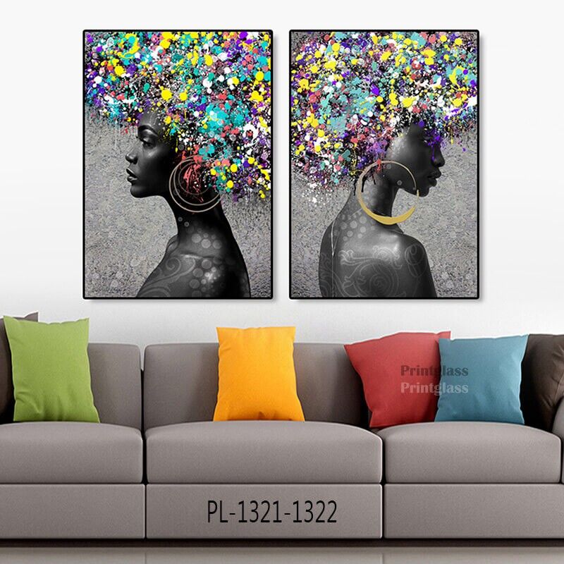 זוג תמונות על זכוכית לסלון של נשים אפריקאיות צבעוניות