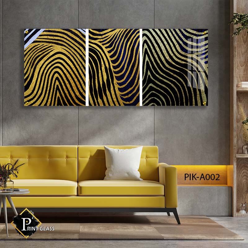תמונה לסלון או לחדר שינה מזכוכית של פסים שחור זהב בסגנון אבסטרקט