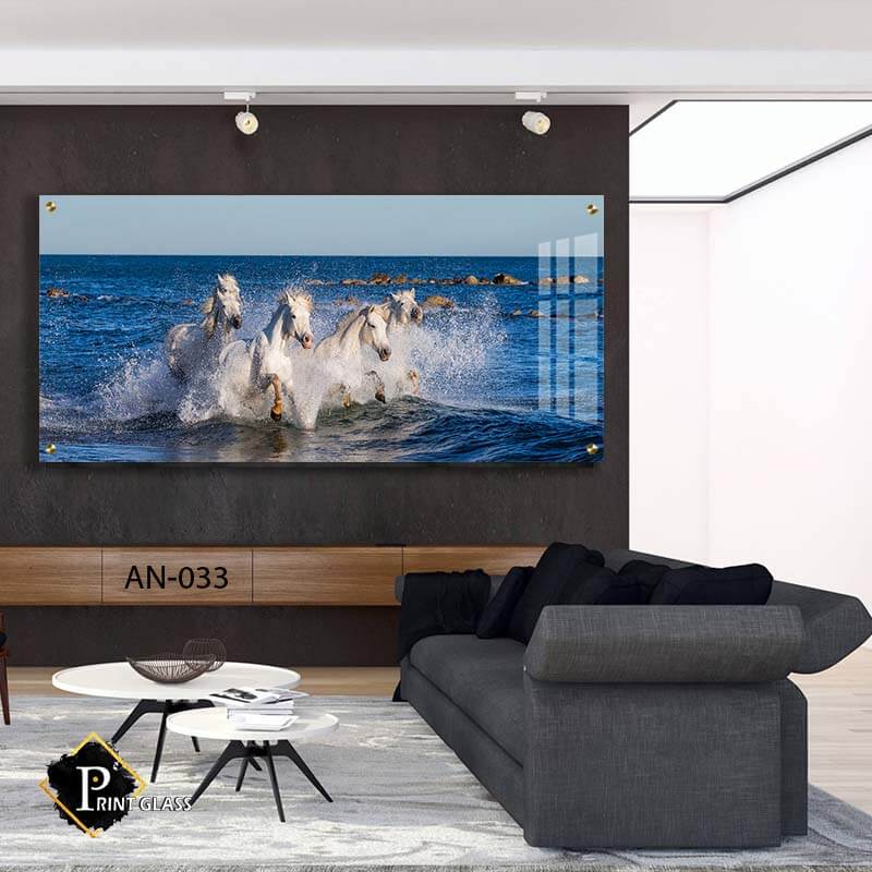 תמונה לסלון או חדר שינה מזכוכית של סוסים דוהרים בים כחול