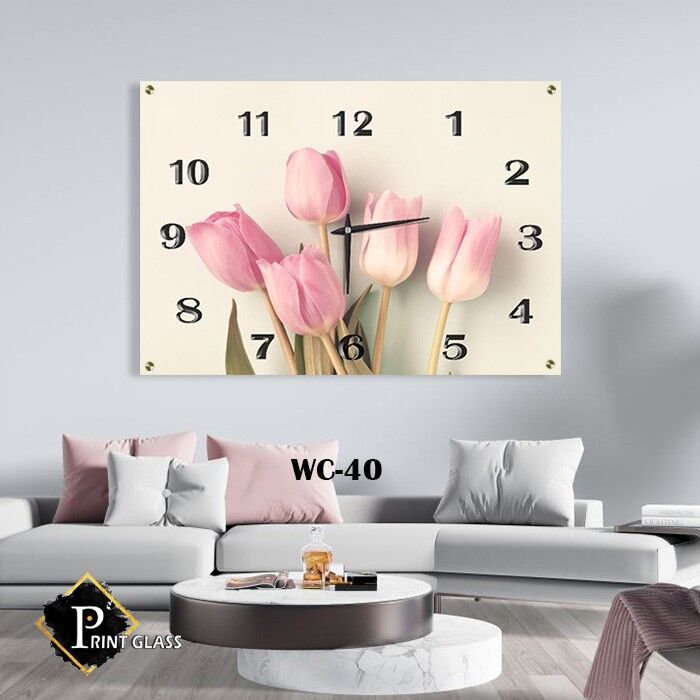 שעון קיר מיוחד לסלון מזכוכית ברקע פרחים