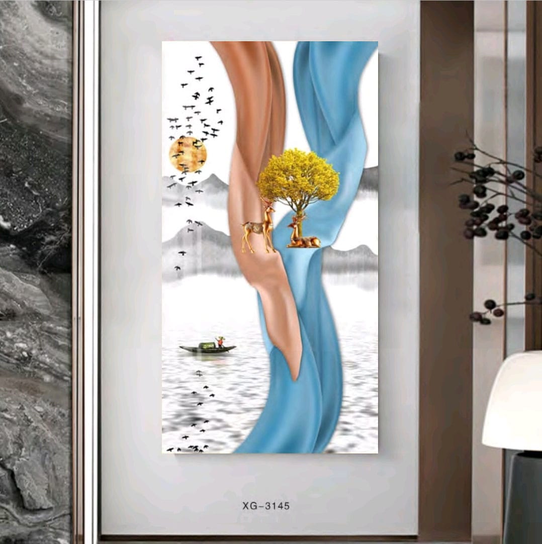 איילים זהב מעל אגם בשקיעה - תמונת זכוכית לסלון או לפינת האוכל