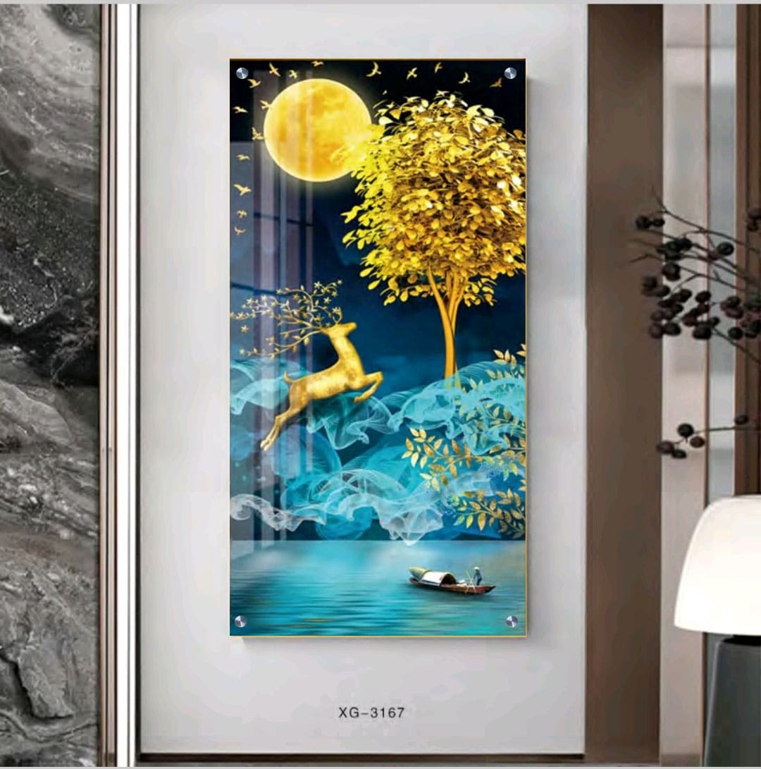 איילים זהב קופץ מעל אגם כחול - תמונת זכוכית לסלון או לפינת האוכל