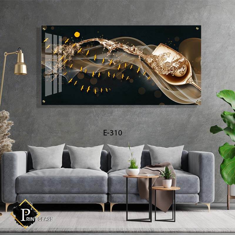 תמונה ללובי בניין - תמונה על זכוכית של כוס יין וציפורים