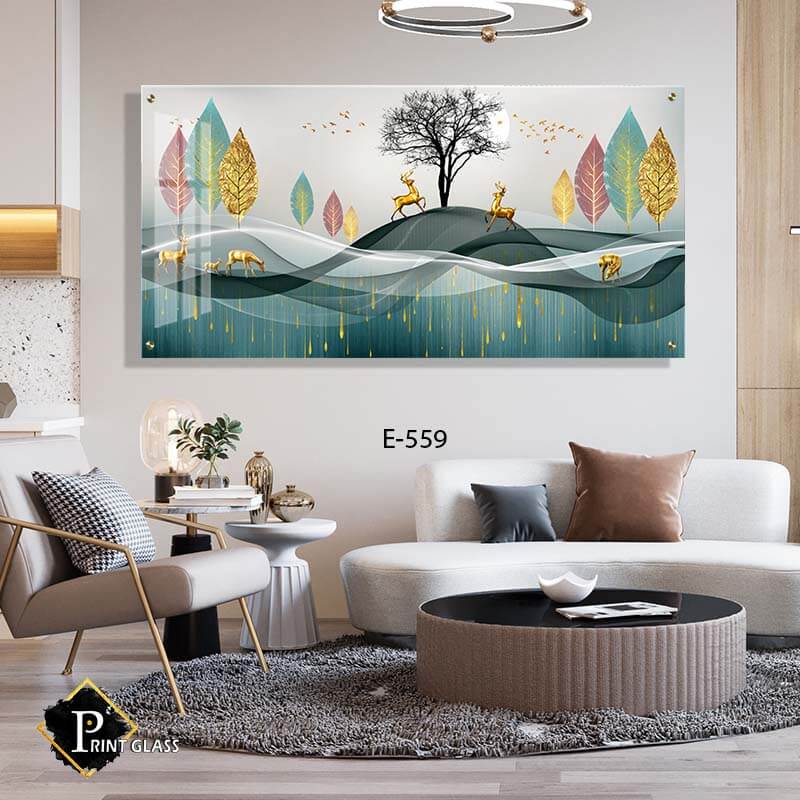 תמונה על זכוכית של איילים ביער צבעוני - תמונה ללובי בניין