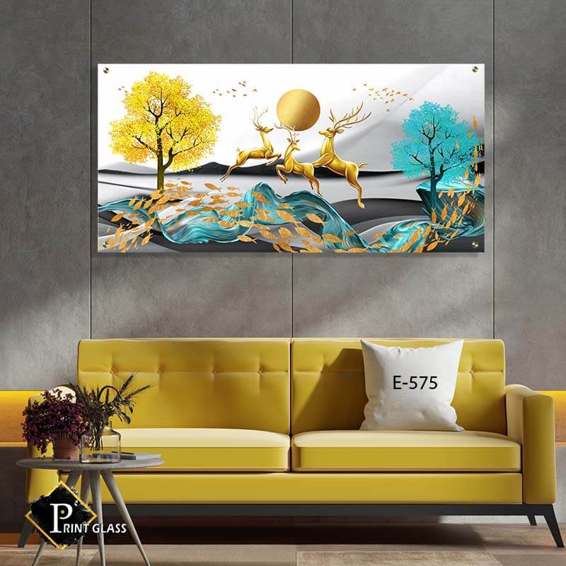 תמונה ללובי בניין מזכוכית של איילים מזהב קופצים ביער