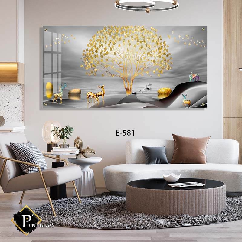 תמונה ללובי בניין - תמונה על זכוכית של איילים ועץ מזהב ברקע אפור