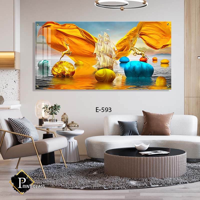 תמונה ללובי בניין - תמונה על זכוכית של איילים ואוניה מזהב בים