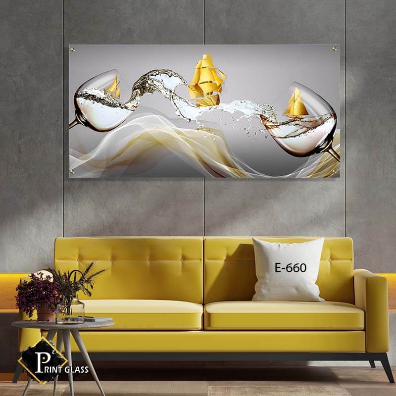 תמונות ללובי - תמונה על זכוכית של כוסות יין עם אוניות