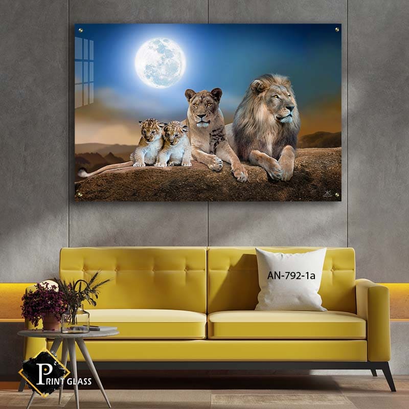 תמונת זכוכית לחדר שינה של משפחת אריות במדבר עם ירח מלא ברקע