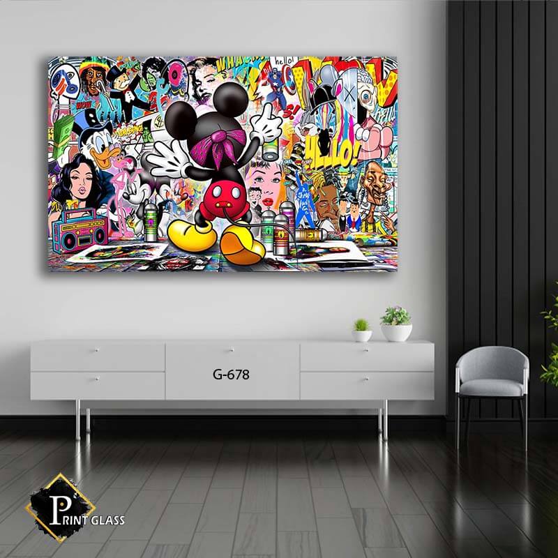 תמונת זכוכית לחדר שינה של מיקי מאוס מצייר גרפיטי בסגנון פופ ארט