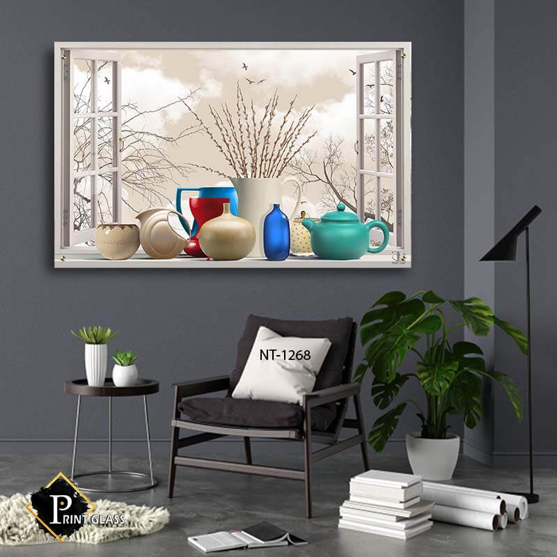 תמונת זכוכית לפינת האוכל של דמוי חלון עם חפצים