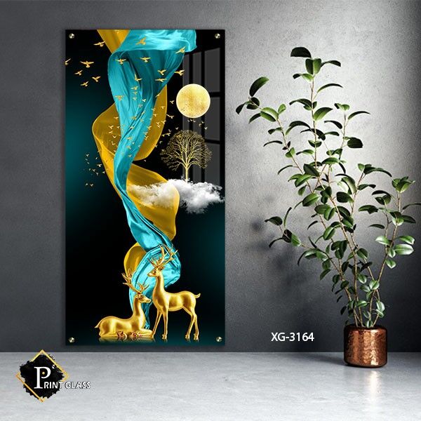 תמונת זכוכית לסלון של איילים מטפחת טורקיז וזהב