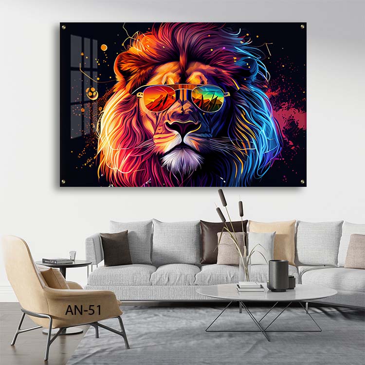 אריה עם משקפי שמש זוהרות - תמונת זכוכית לחדר שינה
