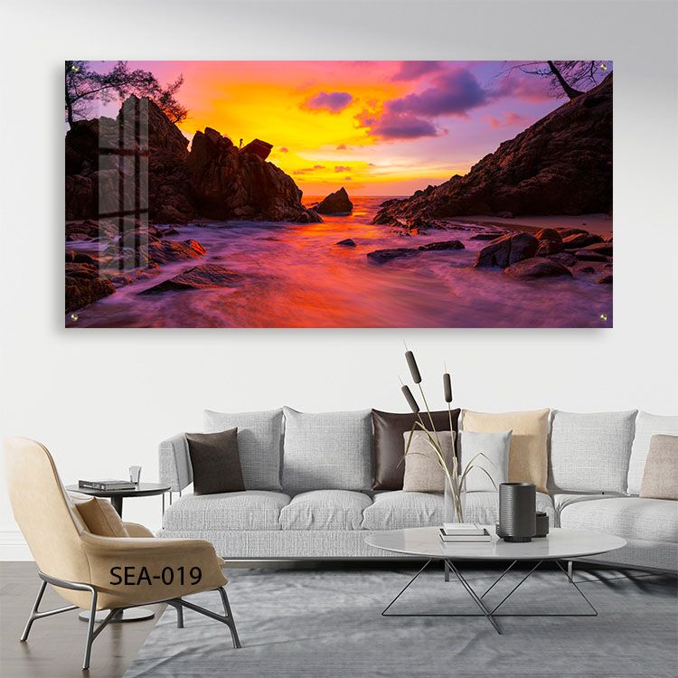 אגם עם סלעים בשקיעה - תמונה על זכוכית לחדר שינה או למשרד