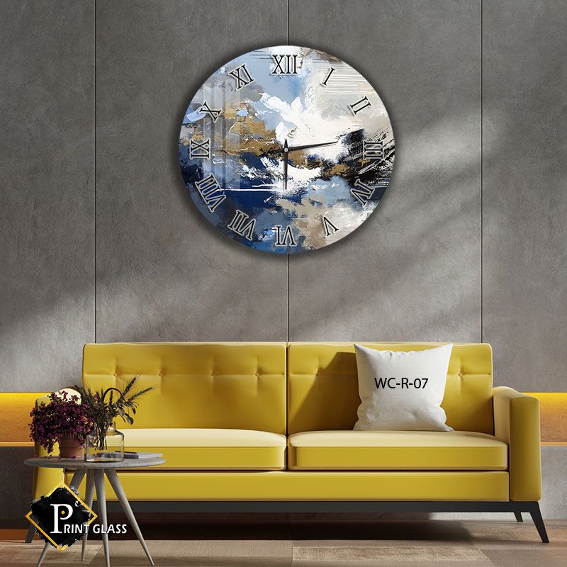 שעון קיר יוקרתי לסלון מזכוכית עם רקע אבסטרקט צבעוני