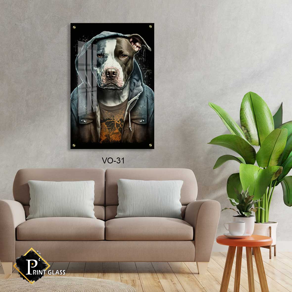 כלב עם ג'קט - תמונת על זכוכית לחדר שינה או למשרד