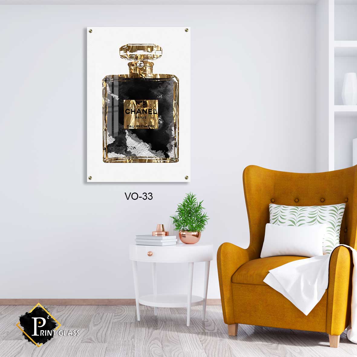 בושם שאנל שחור זהב - תמונת על זכוכית לחדר שינה או למשרד