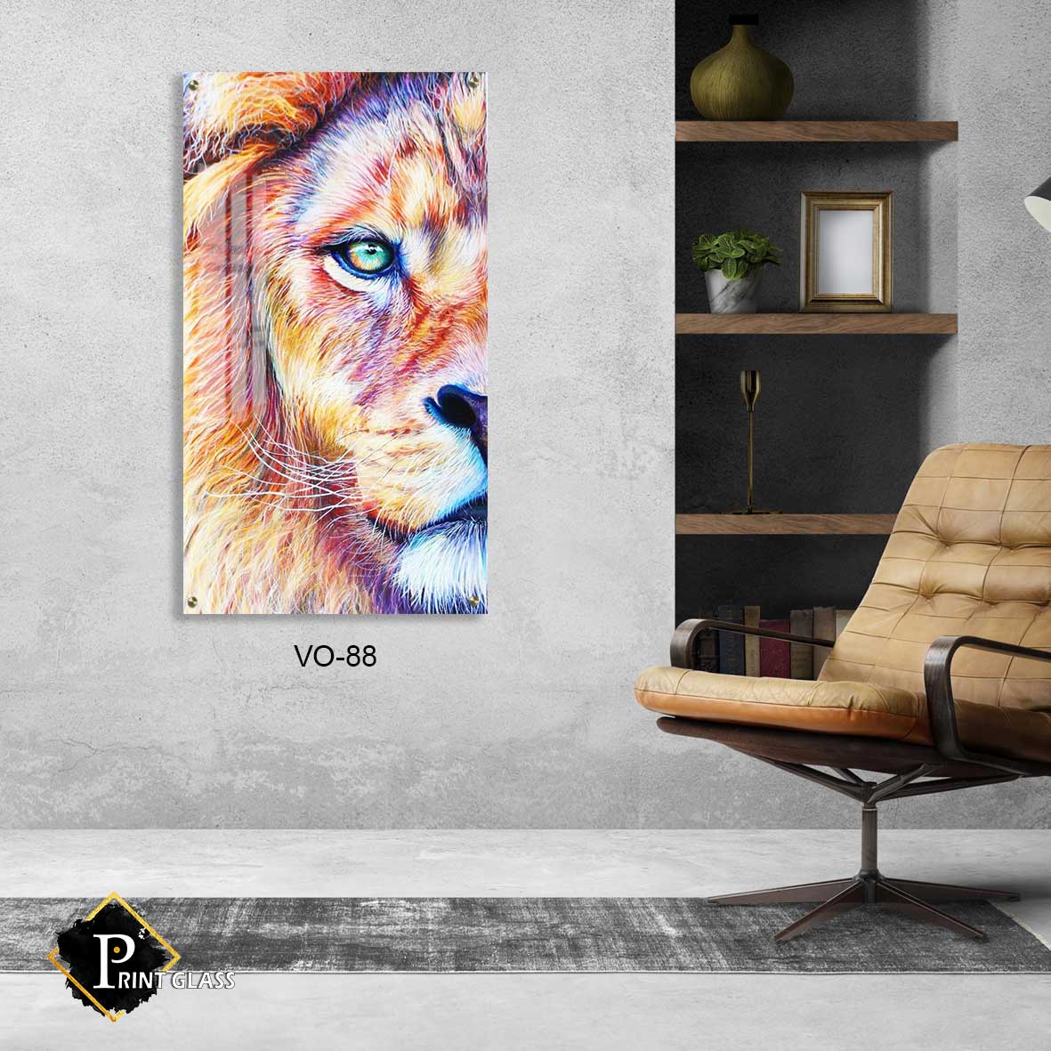 אריה צבעוני חצוי - תמונת זכוכית לחדר שינה או למשרד