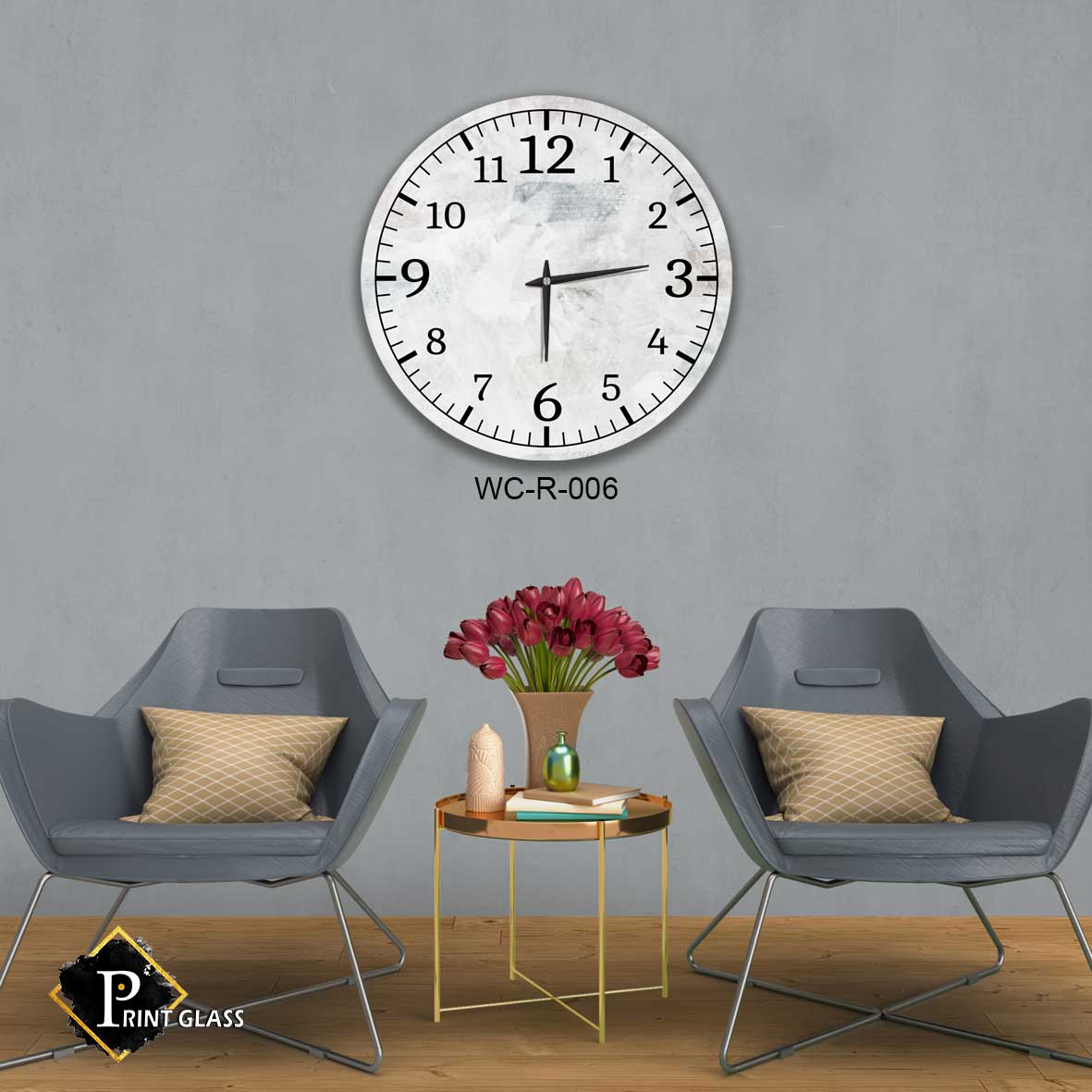 שעון קיר יוקרתי לסלון מזכוכית ברקע אפור