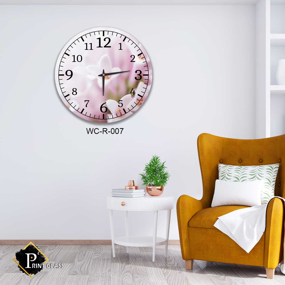 שעון קיר יוקרתי לסלון מזכוכית ברקע פרחים