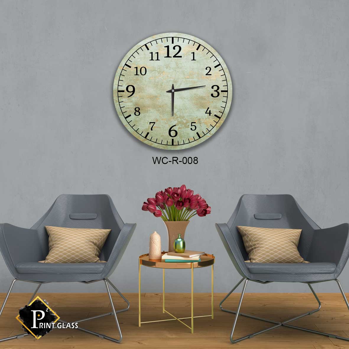 שעון קיר יוקרתי לסלון מזכוכית ברקע ירוק