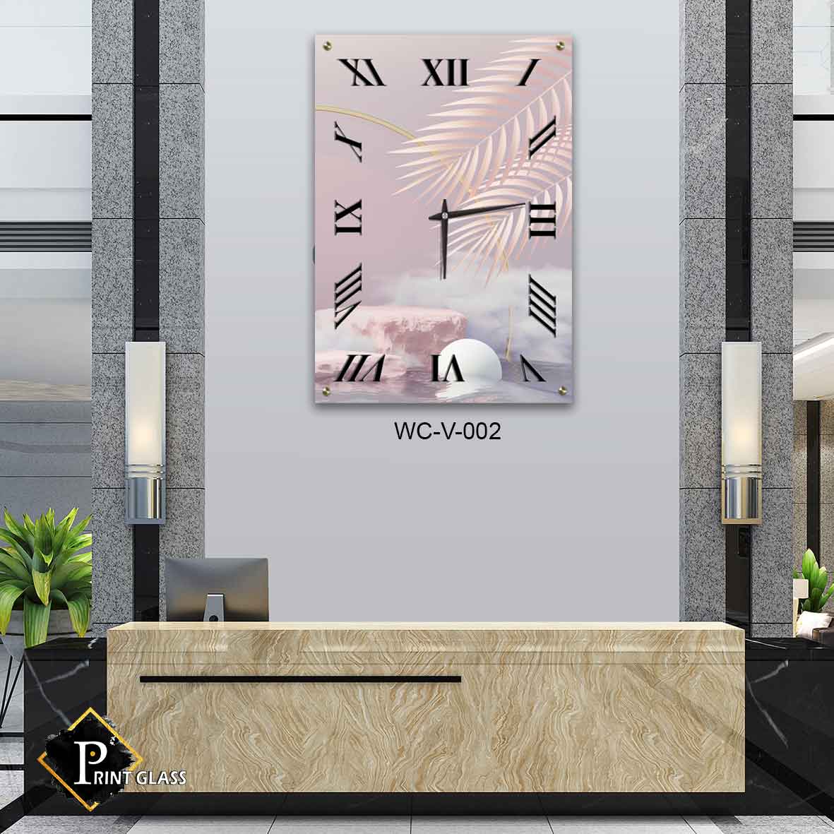 שעון קיר מיוחד לסלון מזכוכית ברקע ורוד ועלים