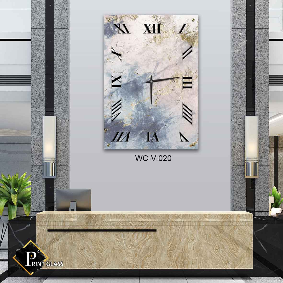 שעון קיר מעוצב לחדר שינה מזכוכית של רקע שיש צבעוני