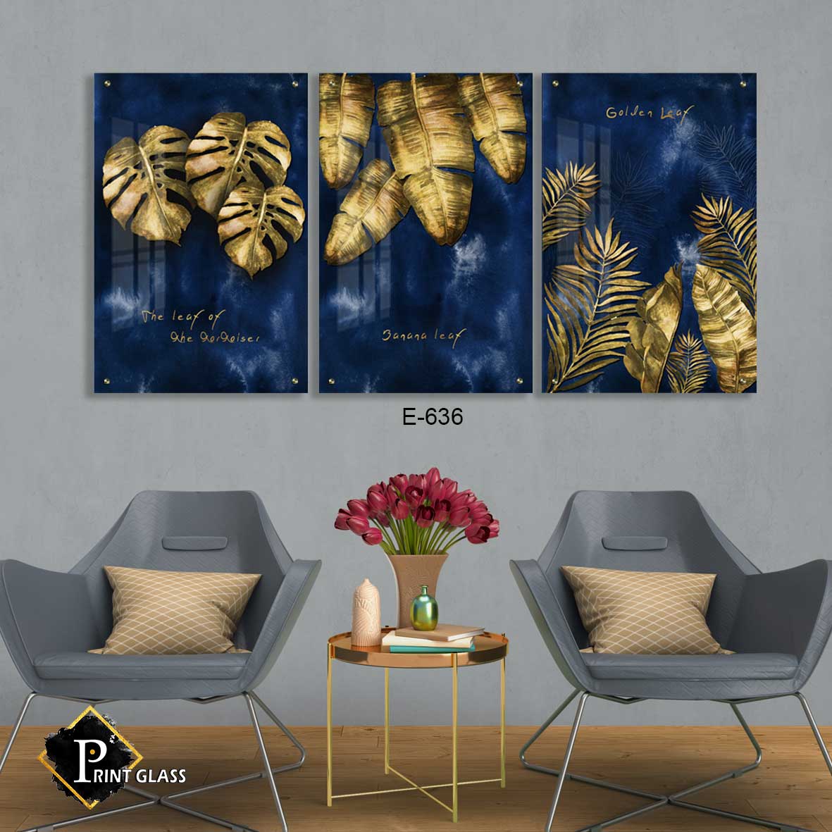 שלישיית תמונות לסלון מזכוכית של עלי זהב ברקע כחול