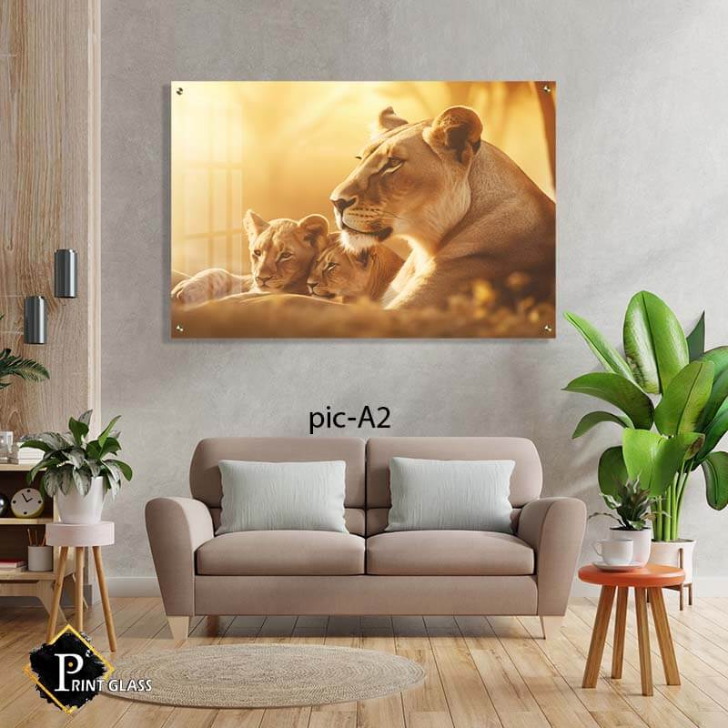 תמונת קיר לחדר שינה מזכוכית של לביאה וגורים