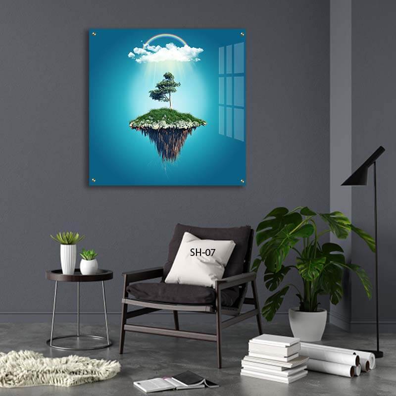 תמונת קיר לחדר שינה מזכוכית מרובעת של אי מרחף