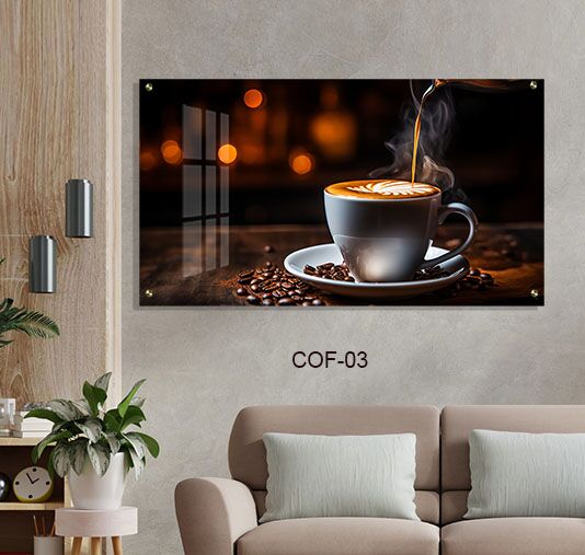 תמונת זכוכית יפה למטבח של כוס קפה ופולים