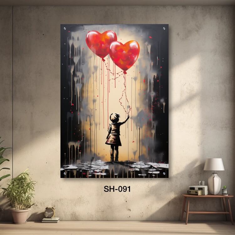 תמונת זכוכית מגניבה לחדר שינה של ילדה עם בלוני לב