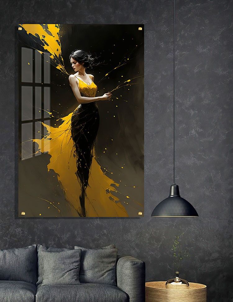 תמונת זכוכית לחדר השינה רקדנית בצהוב ושחור