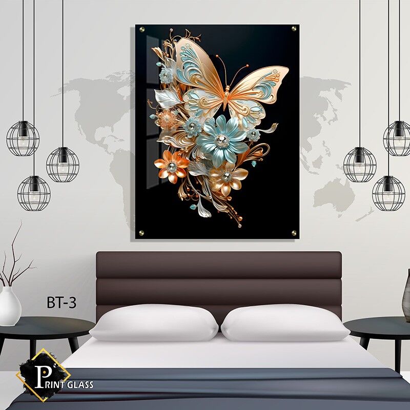 תמונה לחדר שינה של פרפר זהב עם פרחים תלת ממדיים