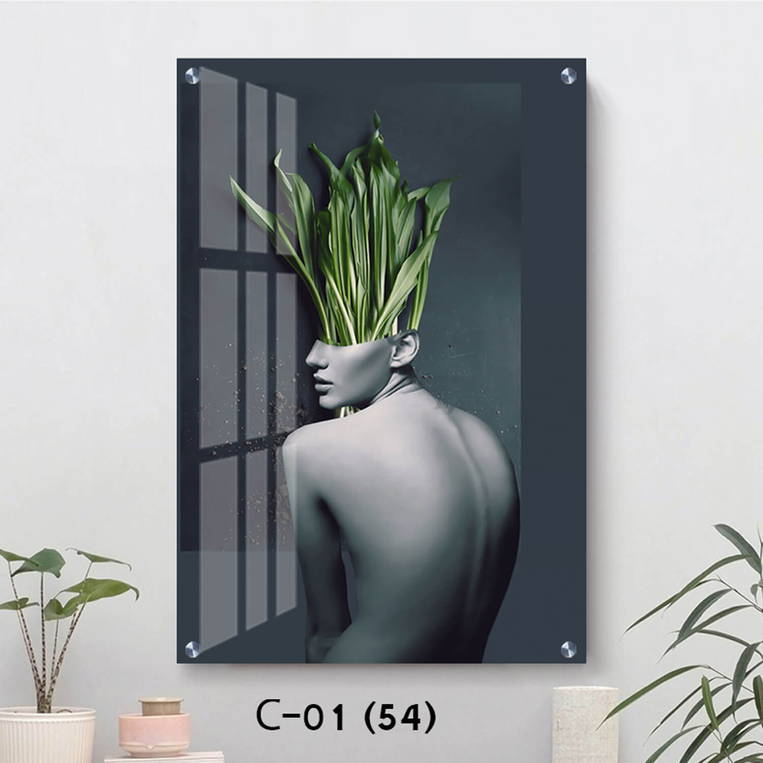 תמונת זכוכית לסלון של אישה פרח ירוקה