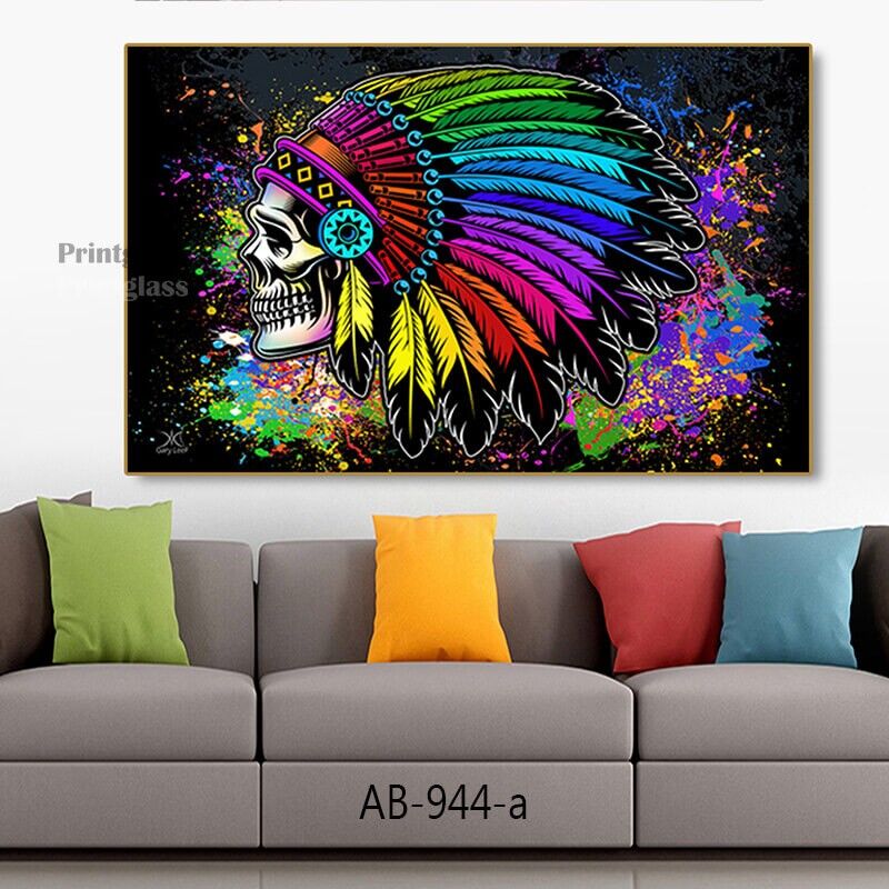 תמונת זכוכית לסלון או לחדר שינה של גולגולת אינדיאני צבעוני