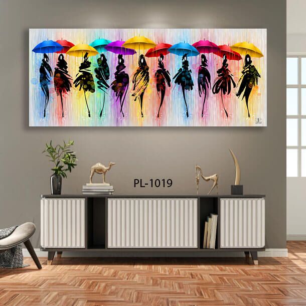 תמונת זכוכית פנורמית לסלון או לחדר שינה של מטריות צבעונית