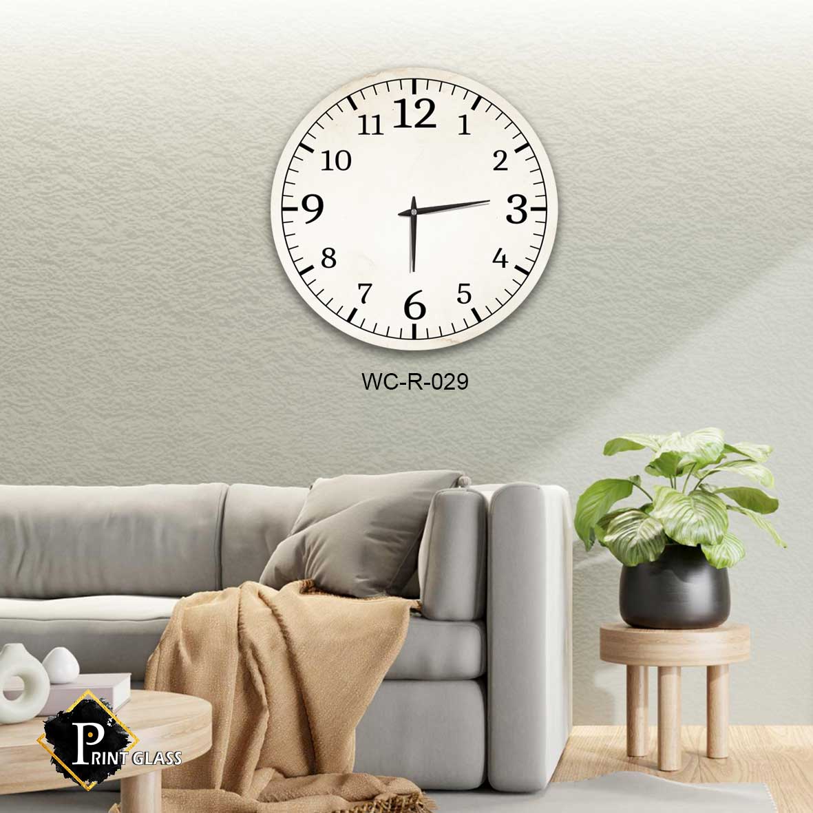 שעון קיר לבן לפינת אוכל מזכוכית ומספרים שחורים
