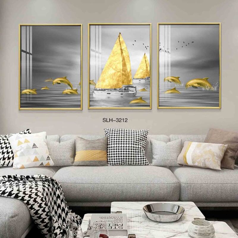 שלוש תמונות קנבס - אוניה ודולפינים