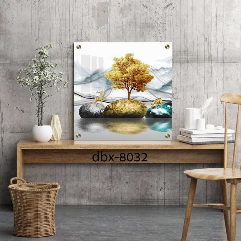 תמונת זכוכית מרובעת של איילים בסלעים לסלון