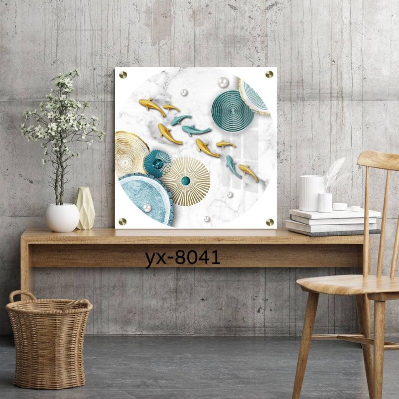 תמונת זכוכית מרובעת של דגים בעיגולים לסלון