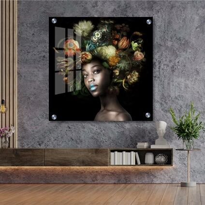 תמונת זכוכית מרובעת לסלון של אפריקאית פרחונית