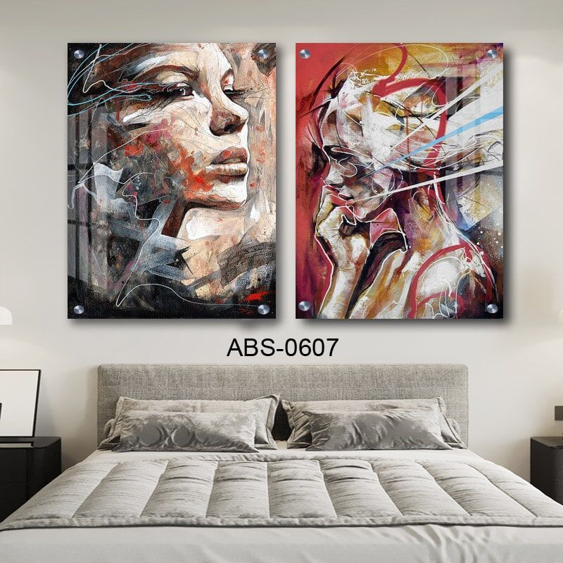 סט תמונות זכוכית לחדר שינה כתומות מופשט