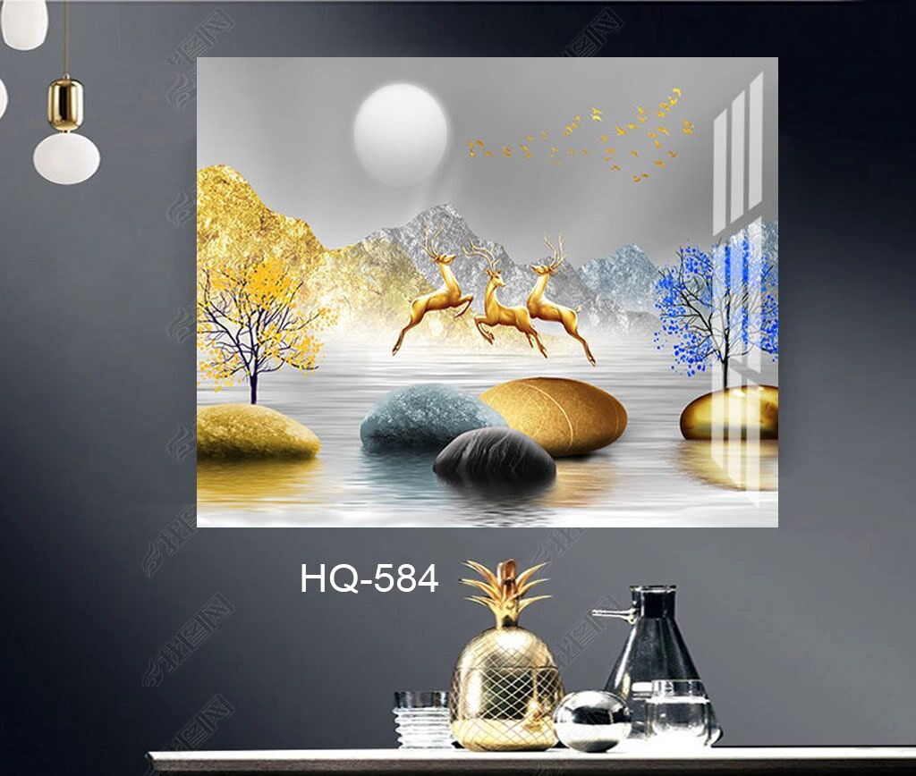 תמונת זכוכית מרובעת של איילים קופצים בזהב