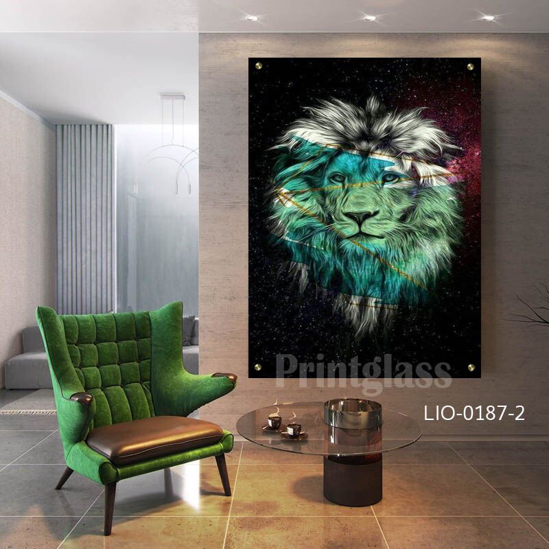 תמונת זכוכית מגניבה לחדר שינה של אריה בצבעים זוהרים